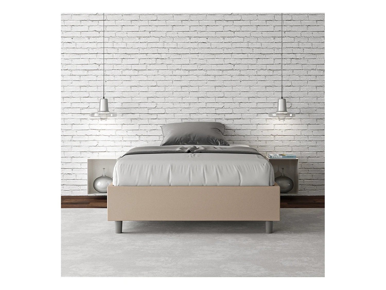 Estructura de cama Agora de piel sintética-Color Beige claro-Ropa de cama 140x190 cm-Versión caja de almacenamiento