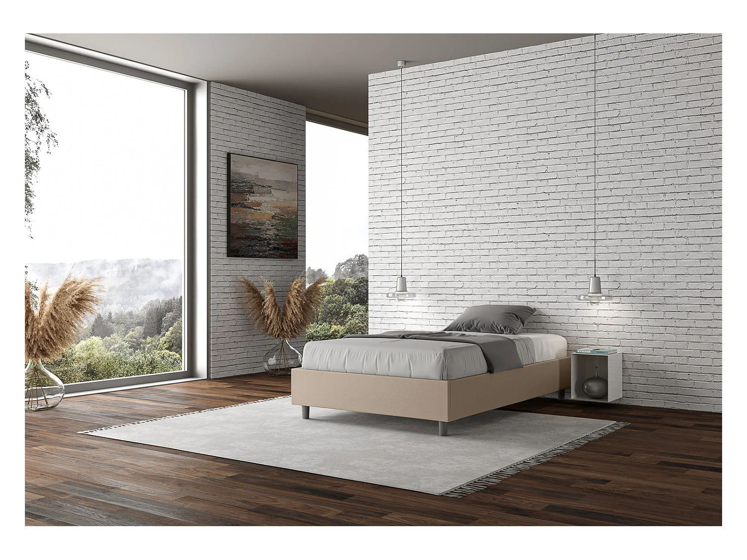 Estructura de cama Agora de piel sintética-Color Beige claro-Ropa de cama 140x190 cm-Versión caja de almacenamiento