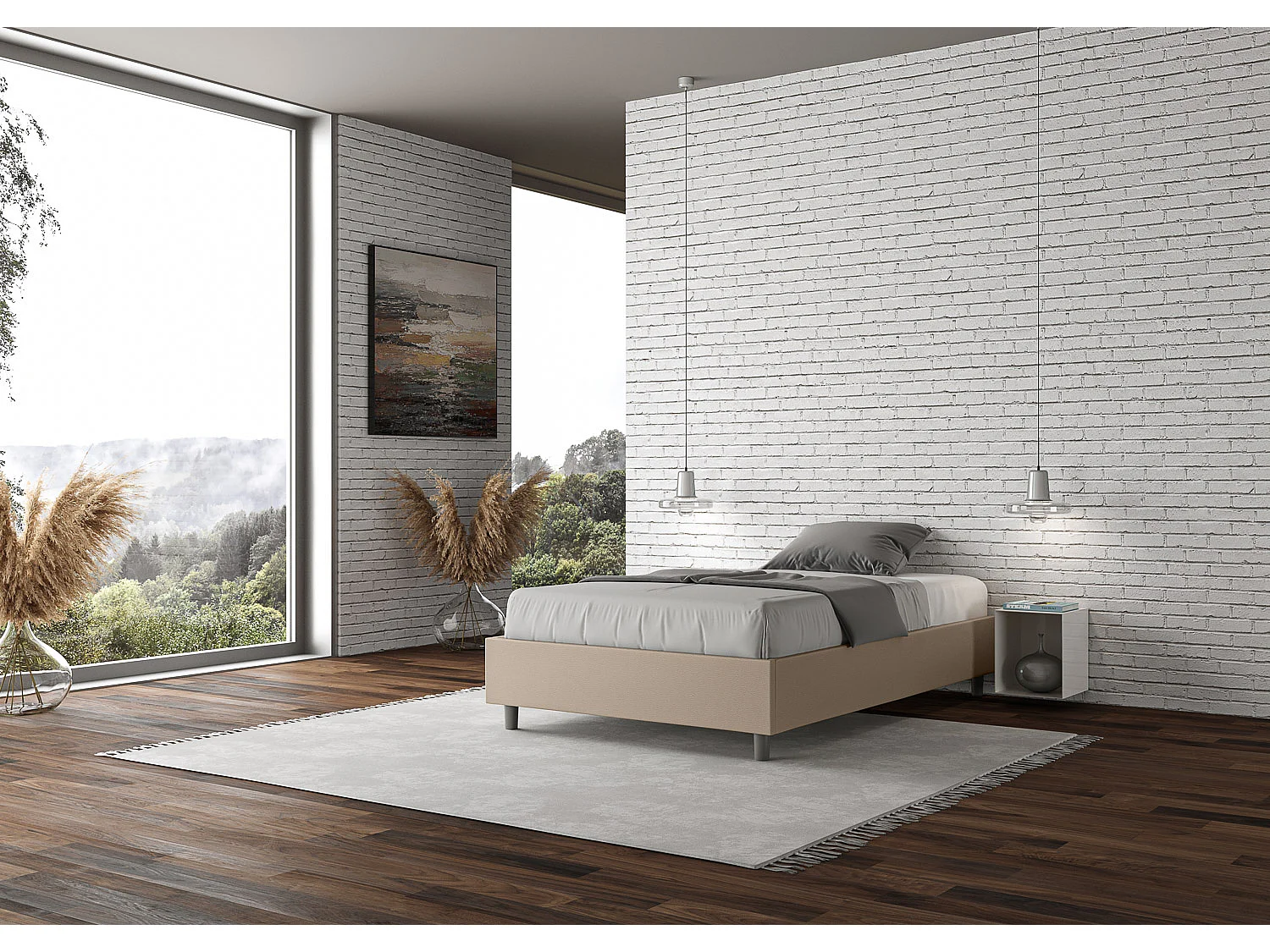 Cadre de lit double coffre rembourré 140x190 similicuir taupe Azelia