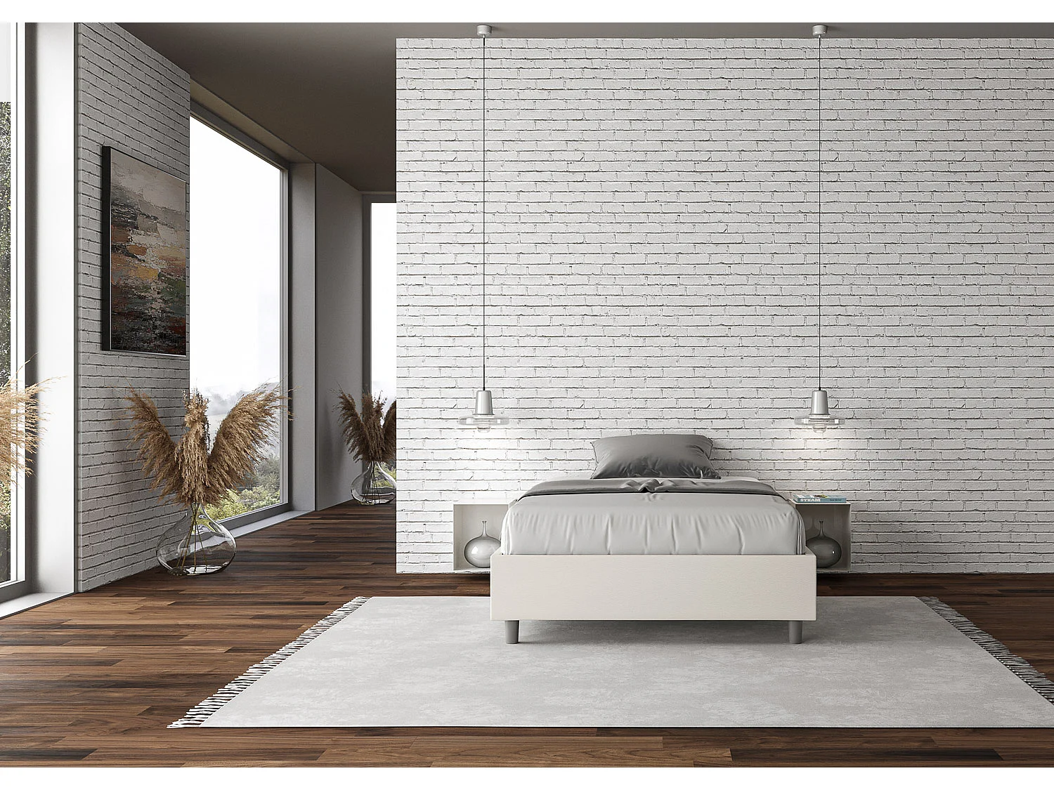 Letto matrimoniale francese contenitore imbottito 140x190 similpelle bianco Azelia