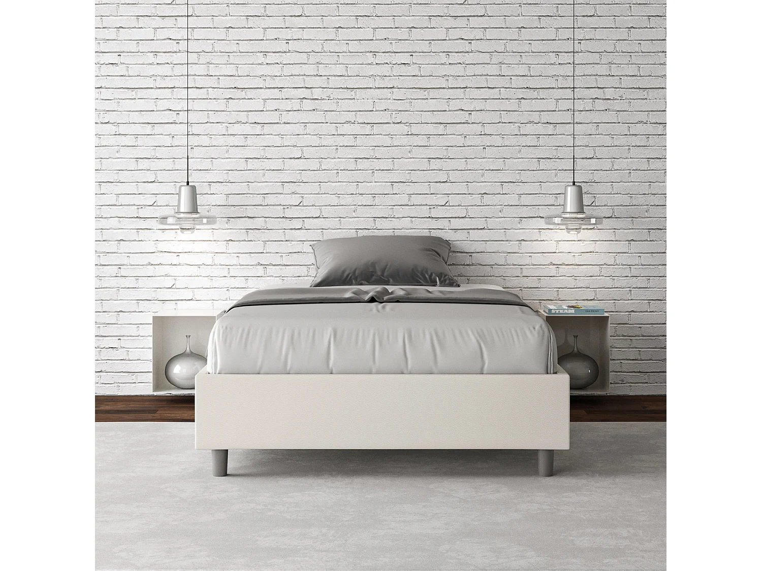 Cama de casal com arrumação estofada sem cabeceira 140x190 pele sintética branco Azelia