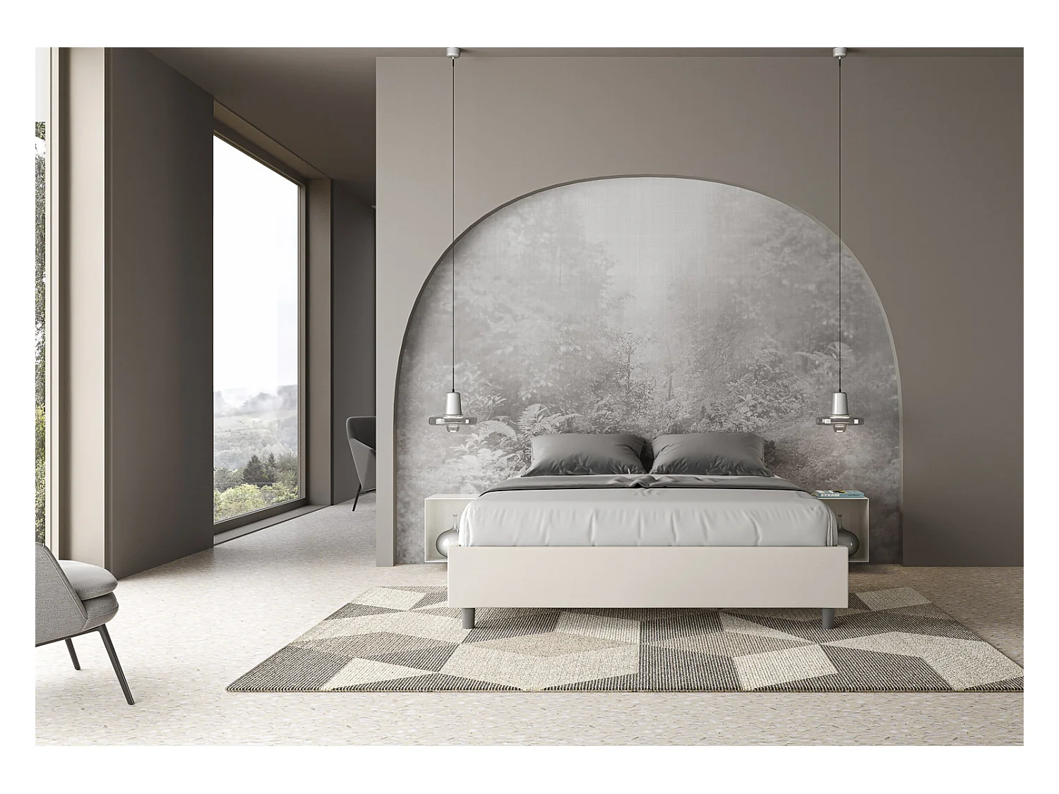 Cama contenedor sommier acolchado 160x190 blanco símil piel Azelia