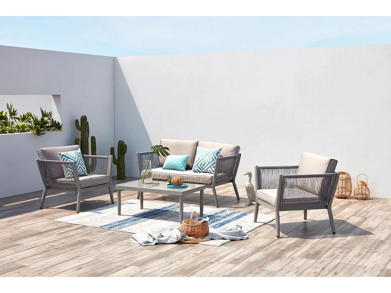 Salotto da giardino in alluminio e corda grigio chiaro ANAHMA