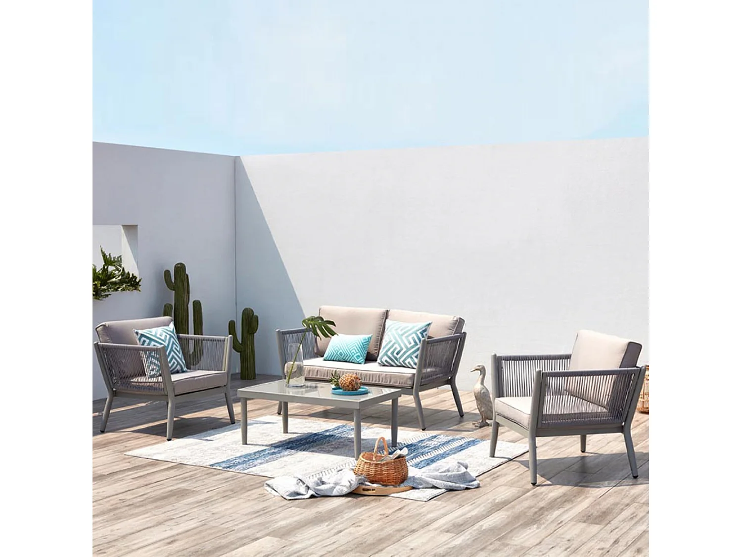 Loungeset 4-zits van aluminium en lichtgrijs touw Anahma