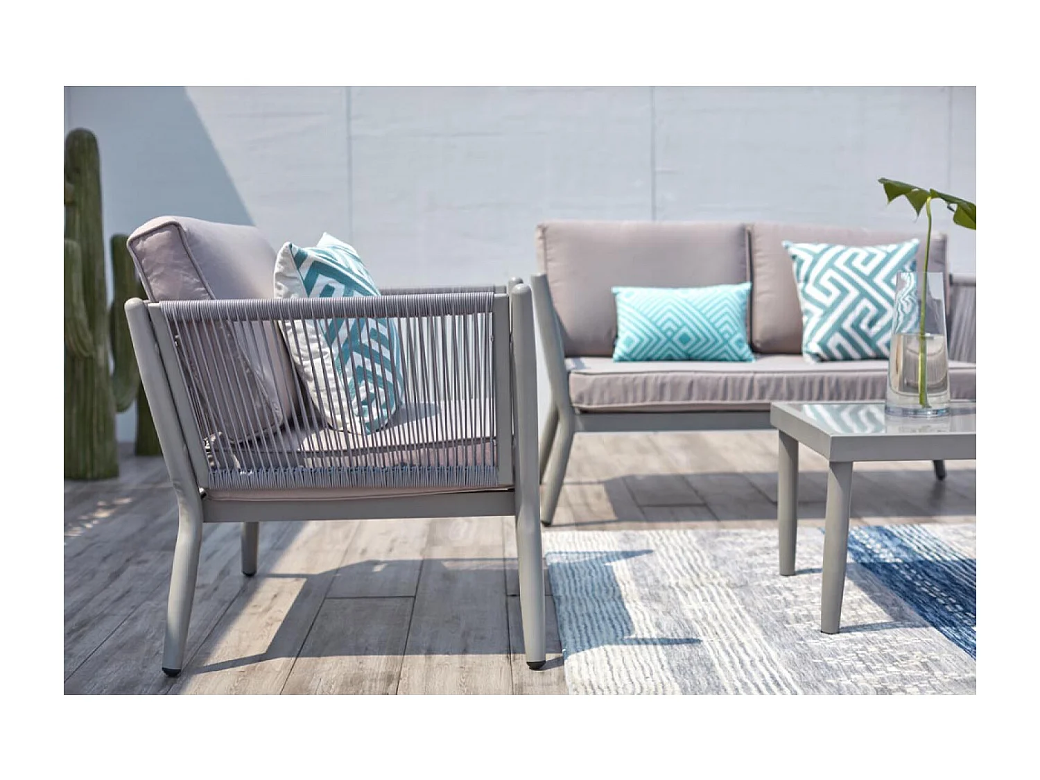 Loungeset 4-zits van aluminium en lichtgrijs touw Anahma