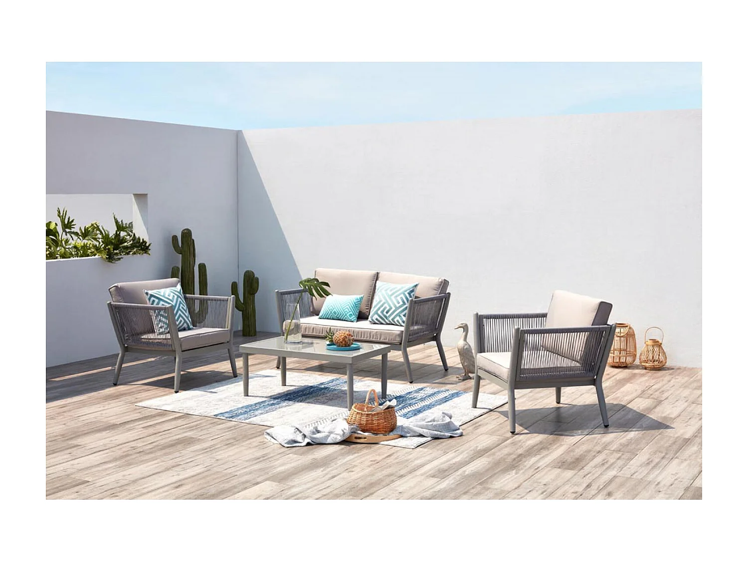 Loungeset 4-zits van aluminium en lichtgrijs touw Anahma