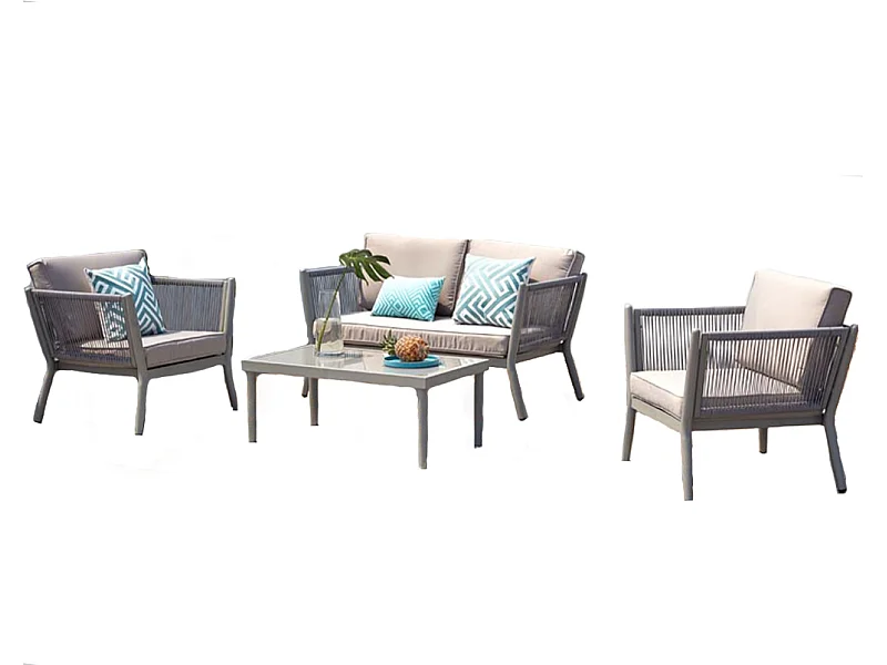 4-Sitzer Gartenmöbelset aus Aluminium und hellgrauem Seil Anahma