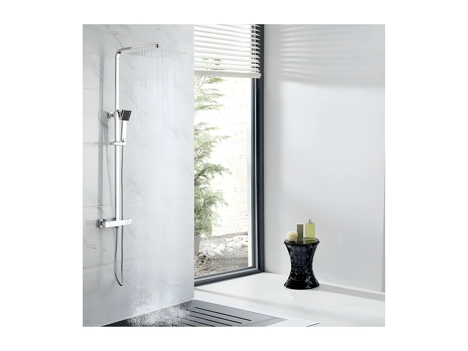 Colonne de douche - Mitigeur thermostatique - Pomme haute carrée 30x30 cm -  - Chrome