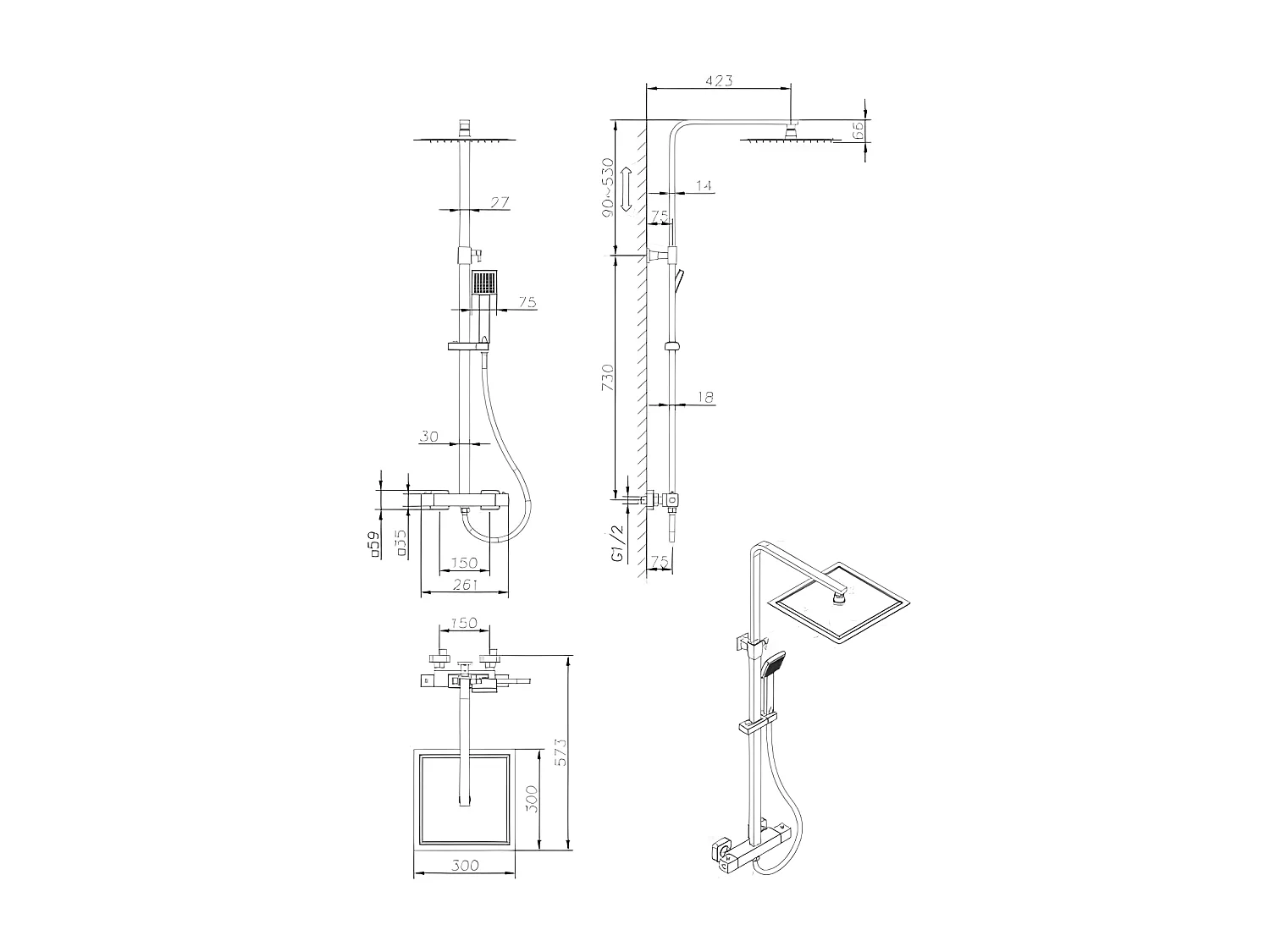 Colonne de douche - Mitigeur thermostatique - Pomme haute carrée 30x30 cm -  - Chrome