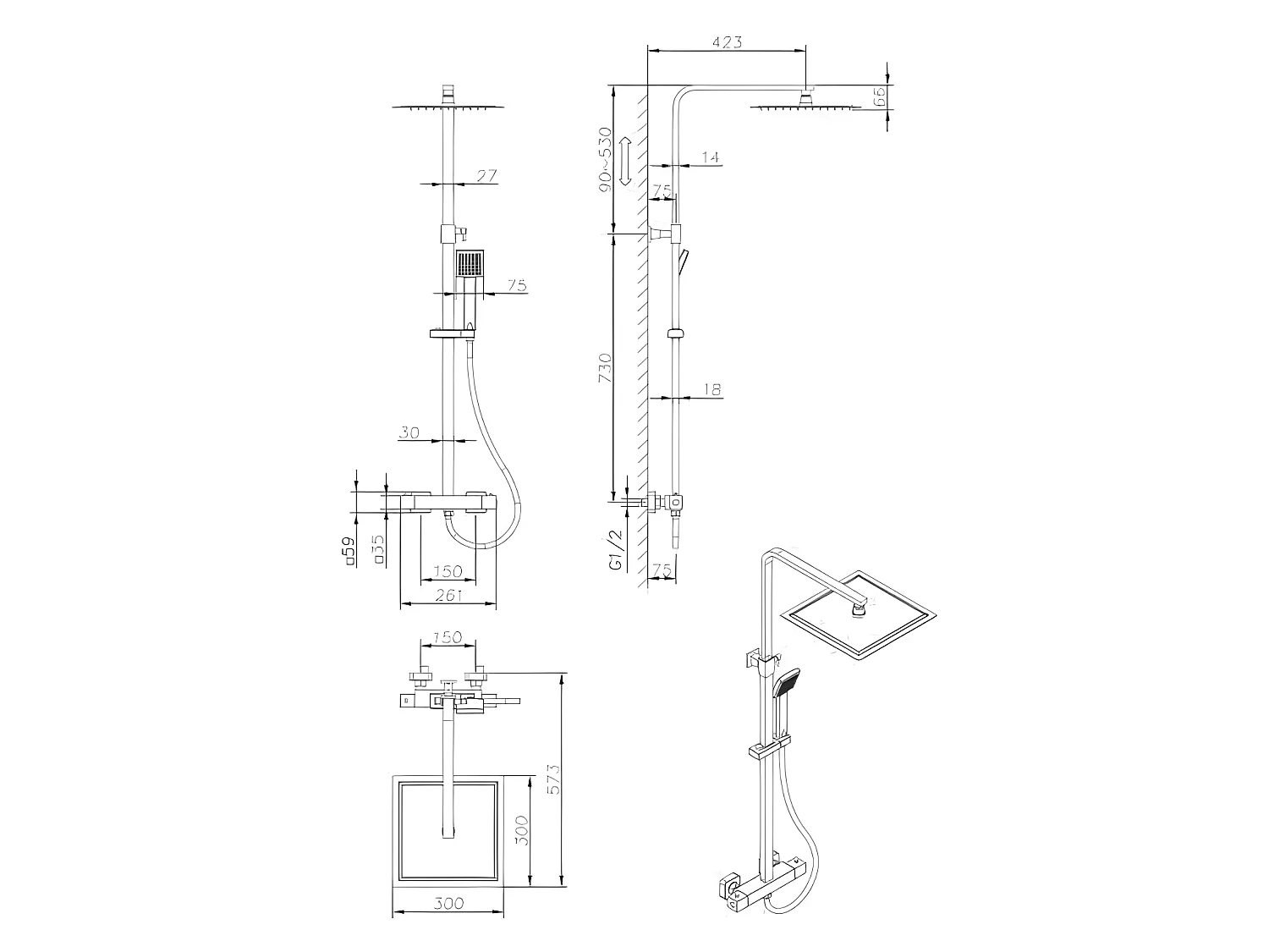 Colonne de douche - Mitigeur thermostatique - Pomme haute carrée 30x30 cm -  - Chrome