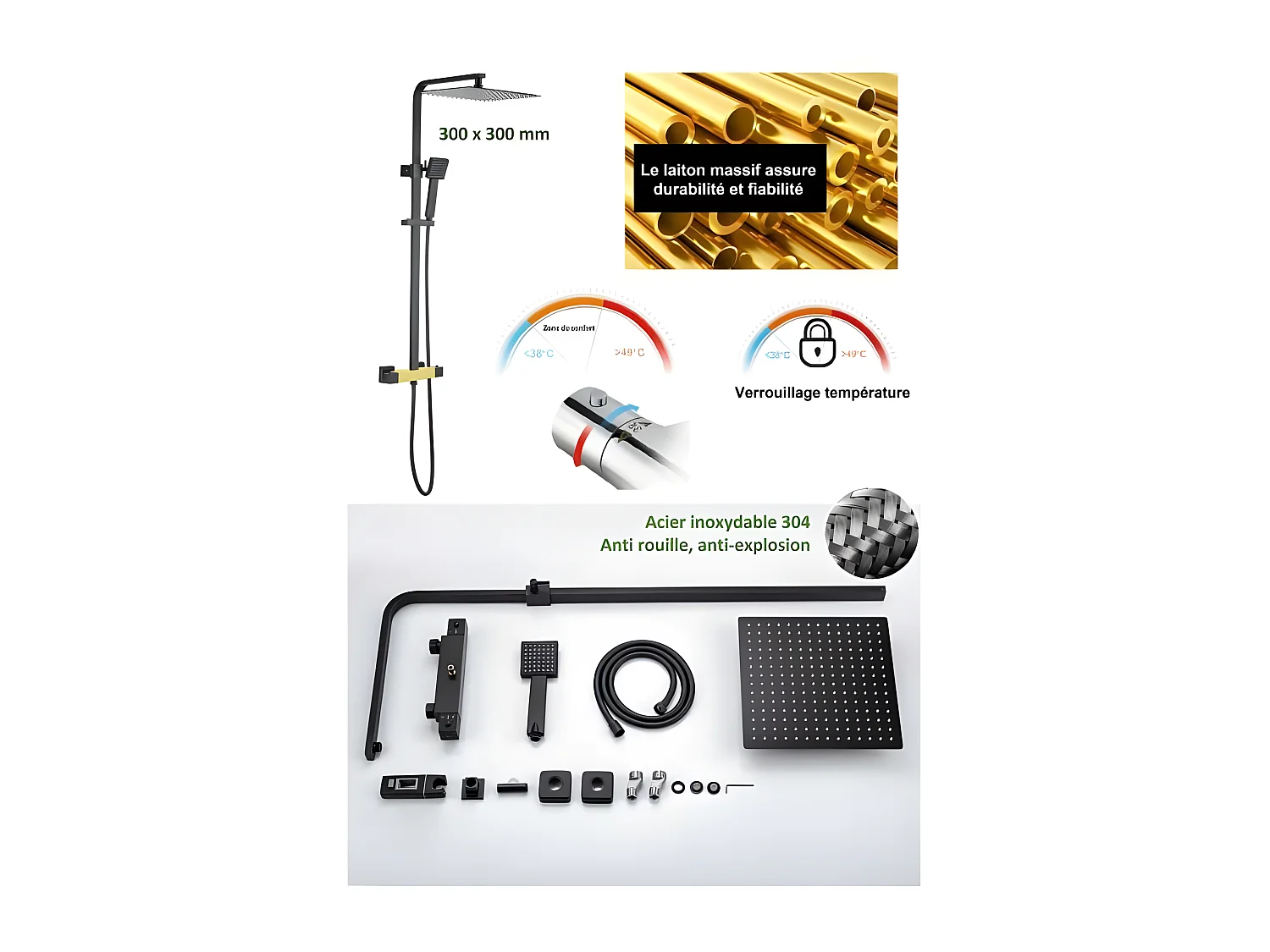 Colonne de douche OCEANIC - Mitigeur thermostatique - Pomme haute carrée 30x30 cm - Noir mat