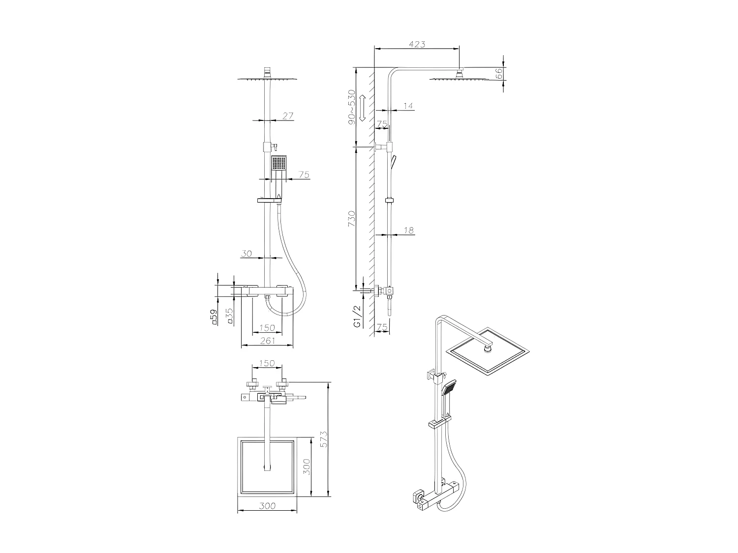 Colonne de douche OCEANIC - Mitigeur thermostatique - Pomme haute carrée 30x30 cm - Noir mat