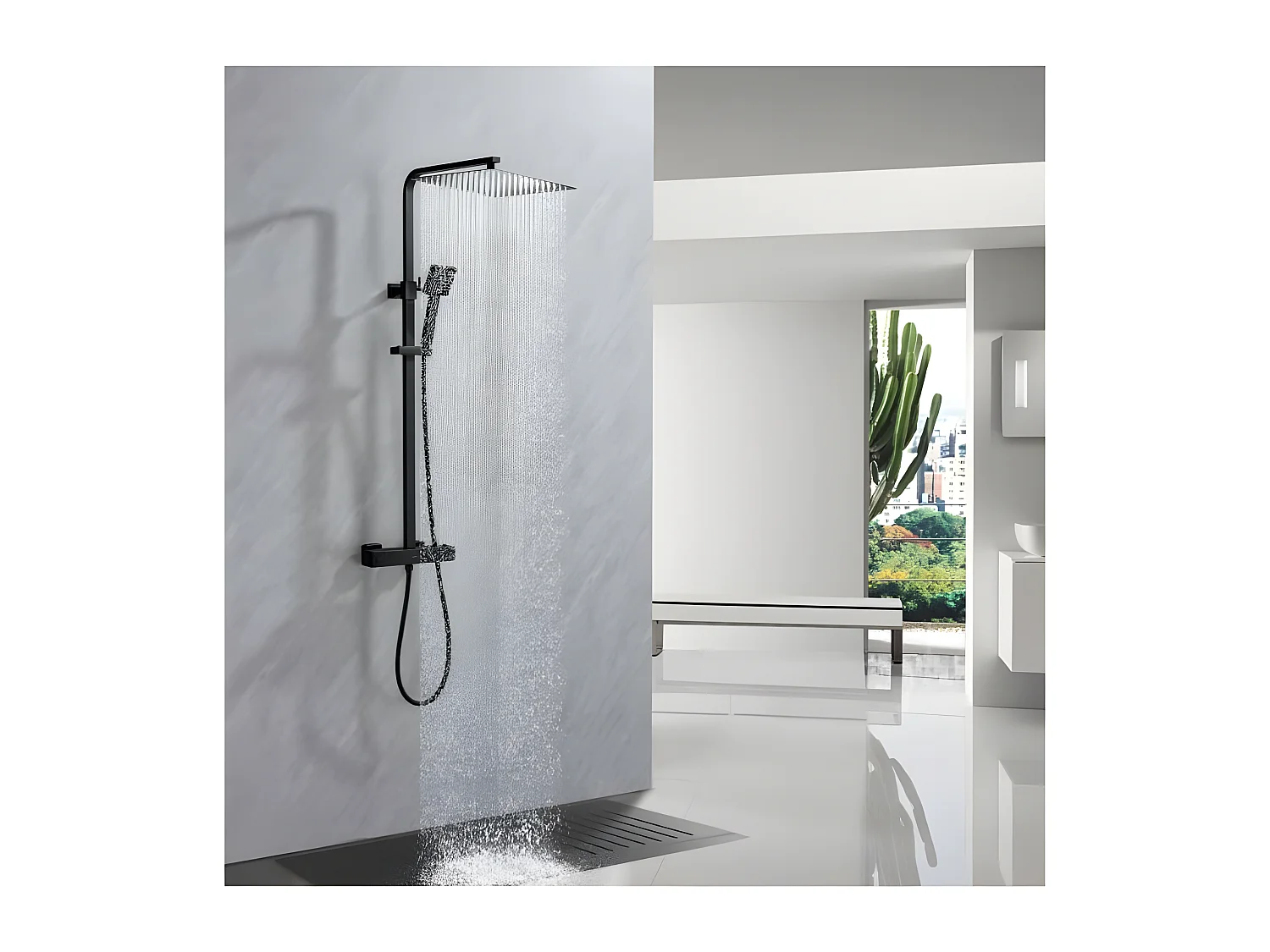 Colonne de douche OCEANIC - Mitigeur thermostatique - Pomme haute carrée 30x30 cm - Noir mat