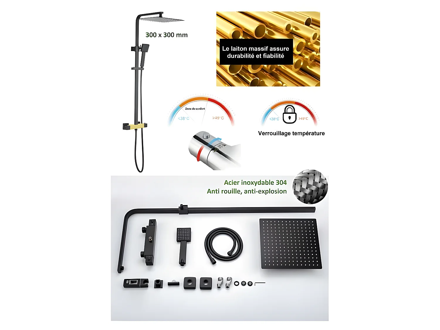 Colonne de douche OCEANIC - Mitigeur thermostatique - Pomme haute carrée 30x30 cm - Noir mat