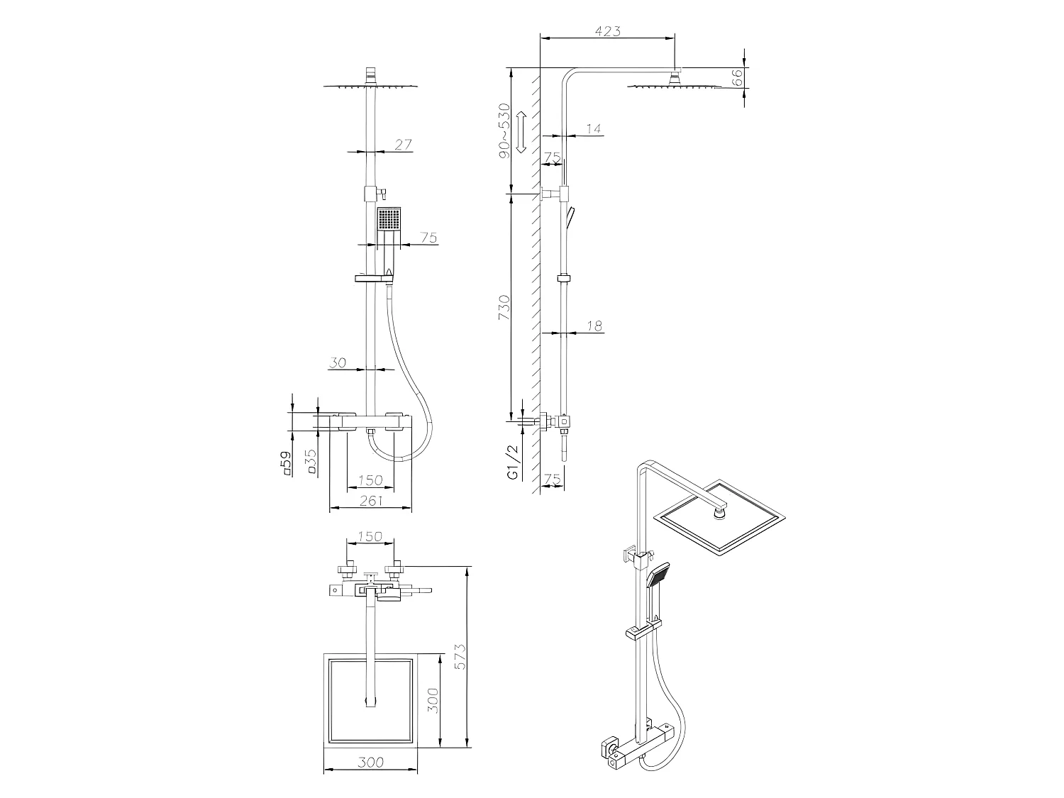 Colonne de douche OCEANIC - Mitigeur thermostatique - Pomme haute carrée 30x30 cm - Noir mat