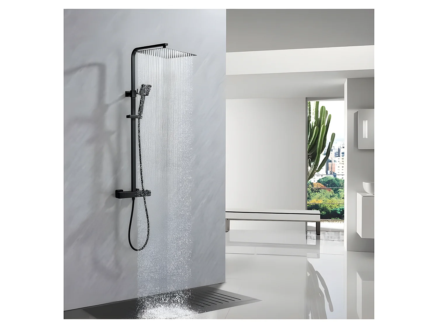 Colonne de douche OCEANIC - Mitigeur thermostatique - Pomme haute carrée 30x30 cm - Noir mat