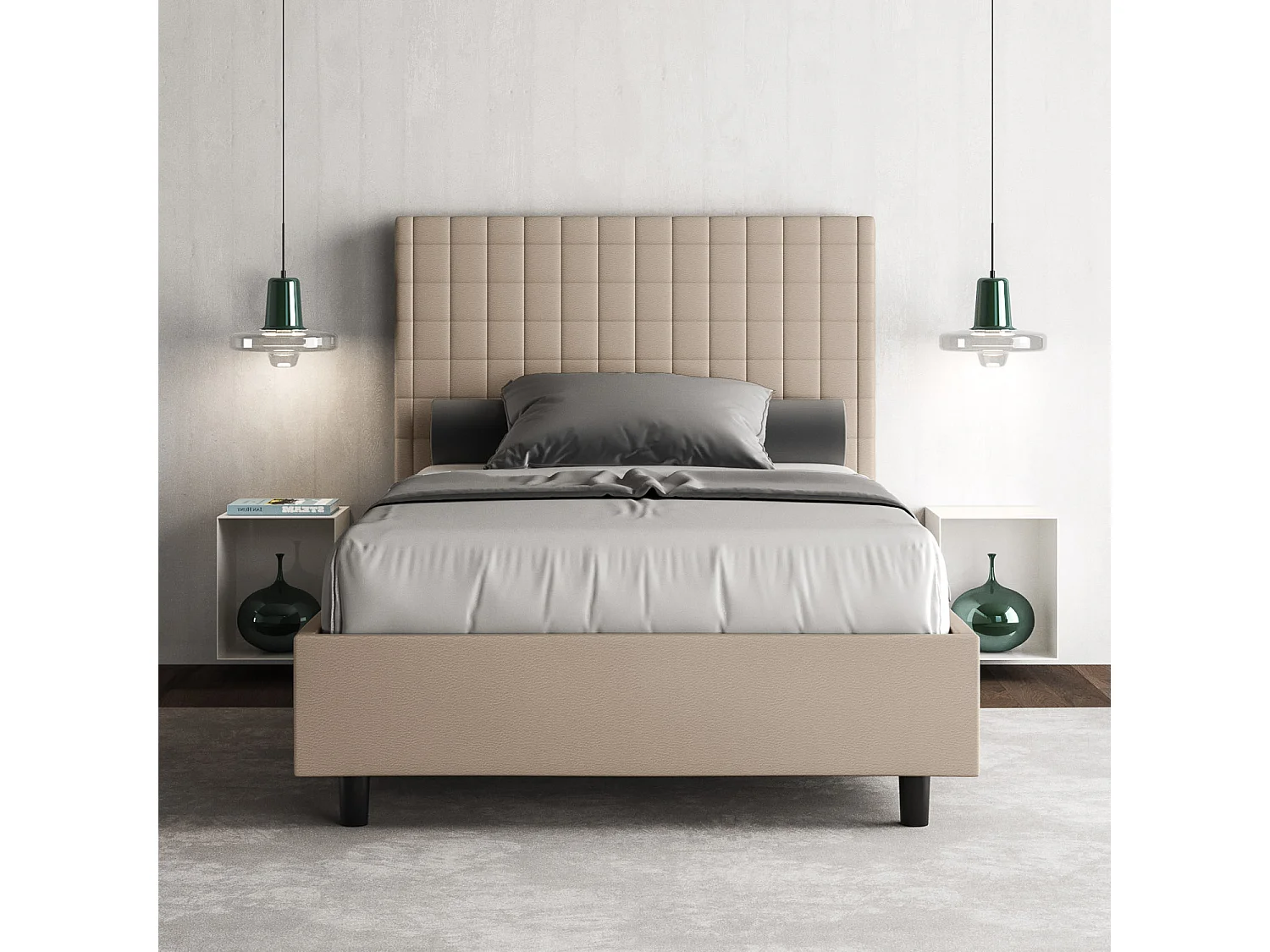 Lit 1 place et demi avec sommier rembourré 120x190 similicuir taupe Sunny