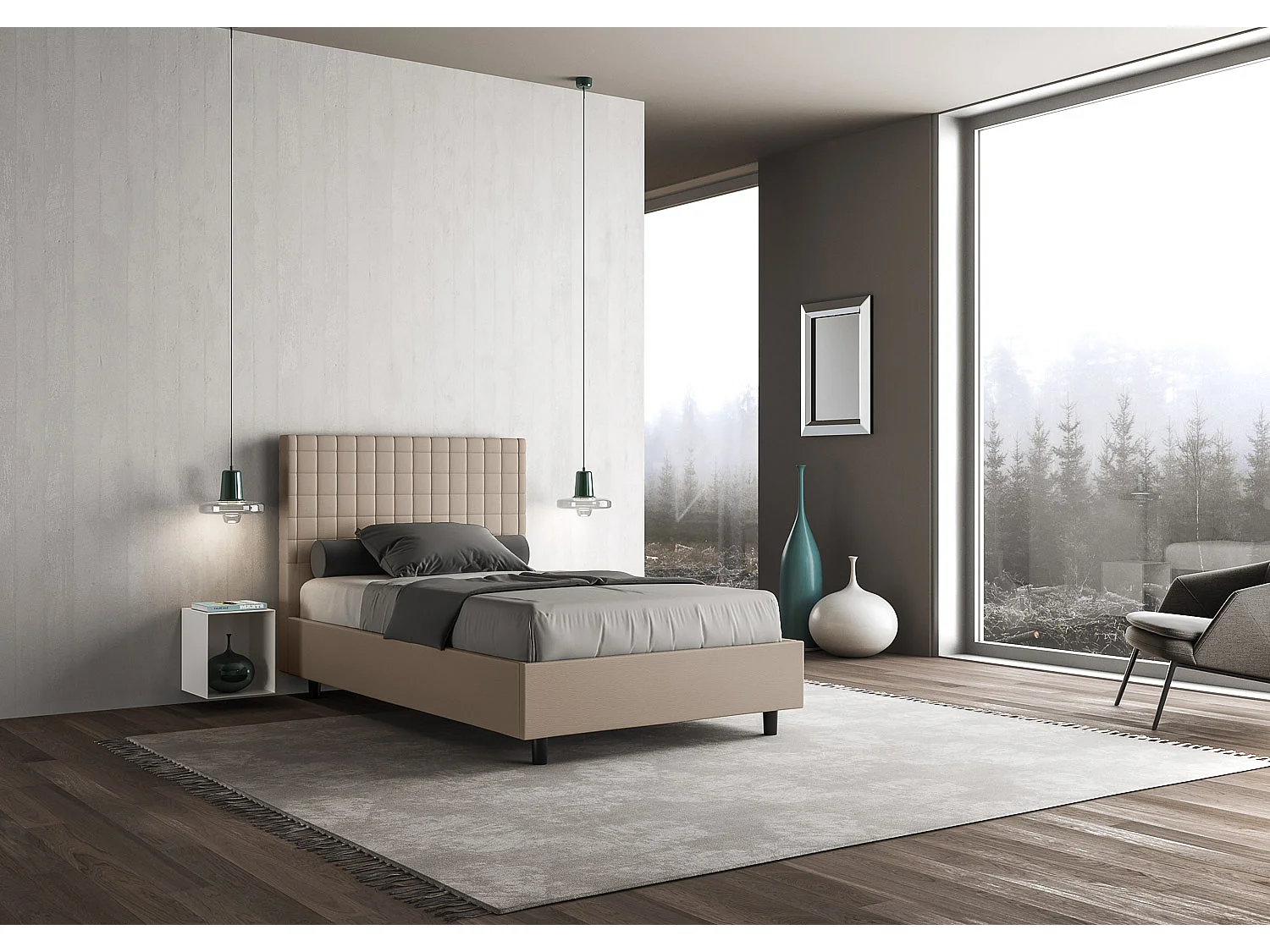 Lit double sans sommier rembourré 140x190 similicuir taupe Sunny