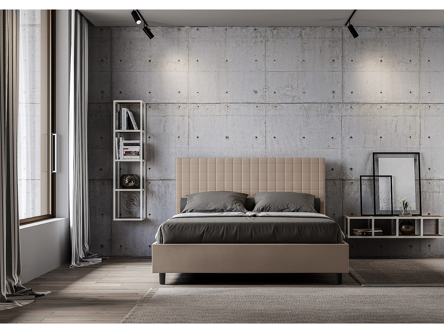 Lit coffre rembourré 160x200 similicuir taupe Sunny