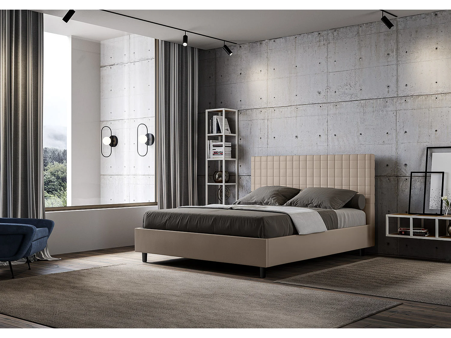 Lit coffre rembourré 160x200 similicuir taupe Sunny