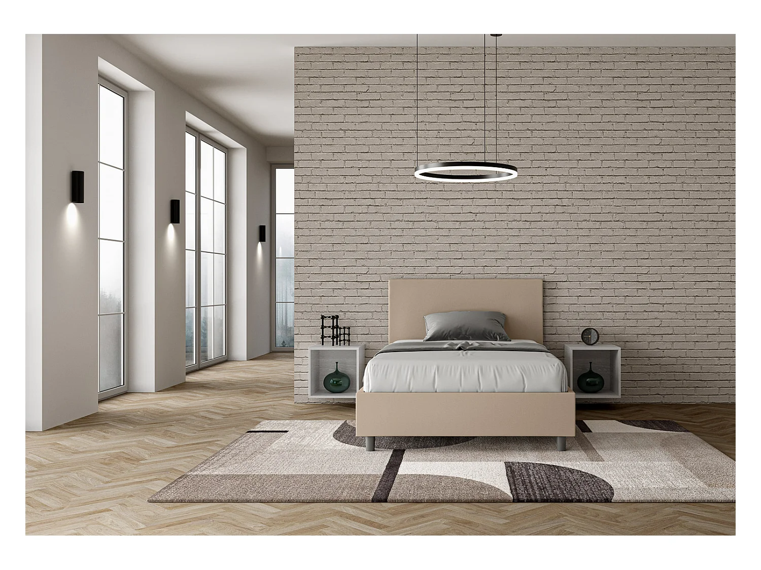 Lit 1 place et demi coffre rembourré 120x190 similicuir taupe Adele