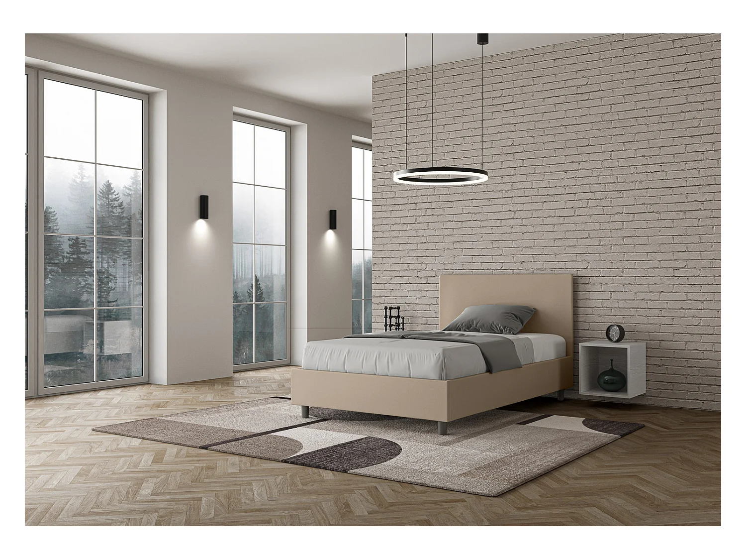 Lit 1 place et demi coffre rembourré 120x190 similicuir taupe Adele