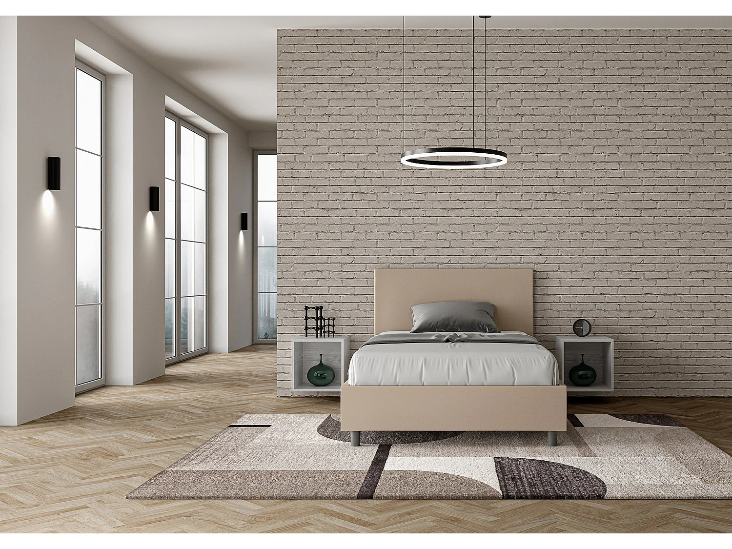 Cama de una plaza y medio con almacenaje acolchada 120x190 cuero sintético gris paloma Adele