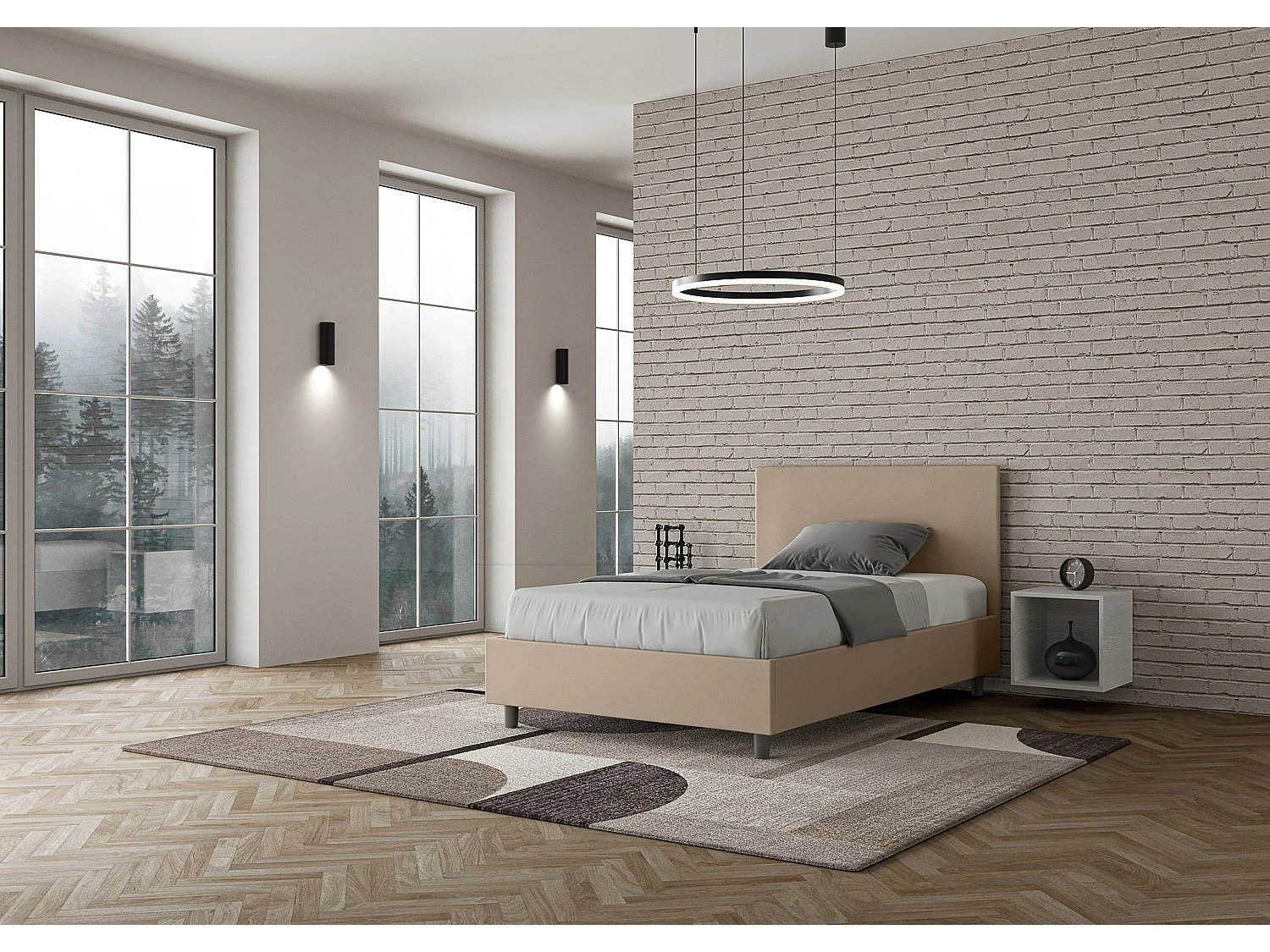 Cama de una plaza y medio con almacenaje acolchada 120x190 cuero sintético gris paloma Adele