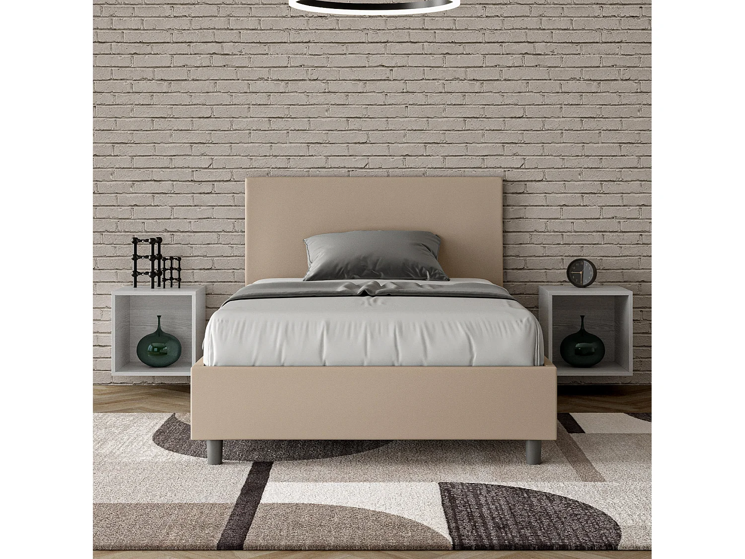Cama de una plaza y medio con almacenaje acolchada 120x190 cuero sintético gris paloma Adele