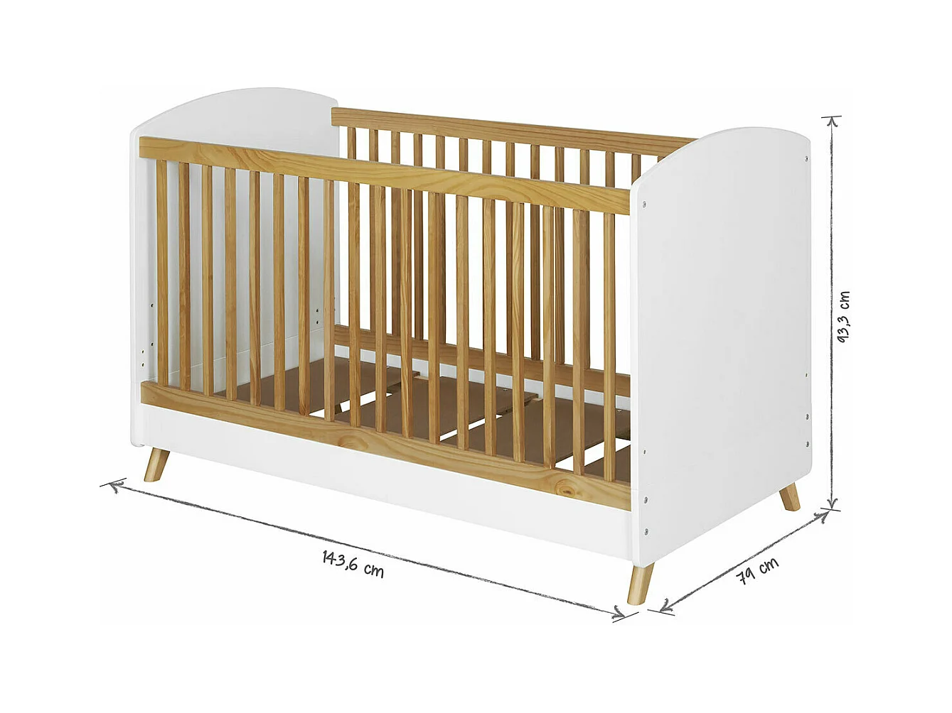 Lit bébé évolutif 70x140 cm panneaux de fibres blanc et noisette KOMBU