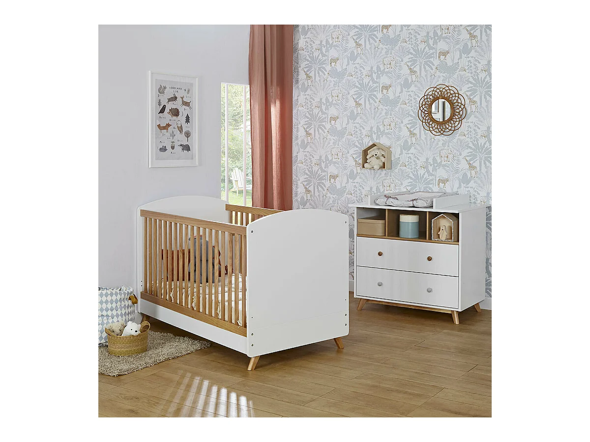 Lit bébé évolutif 70x140 cm panneaux de fibres blanc et noisette KOMBU