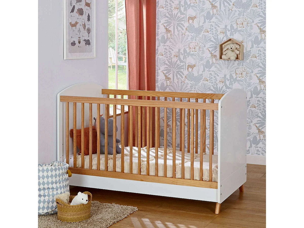 Lit bébé évolutif Montessori 70x140 cm panneaux de fibres blanc et noisette KOMBU