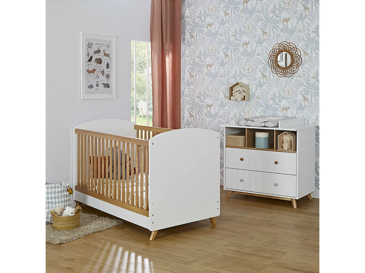 Lit bébé évolutif Montessori 70x140 cm panneaux de fibres blanc et noisette KOMBU