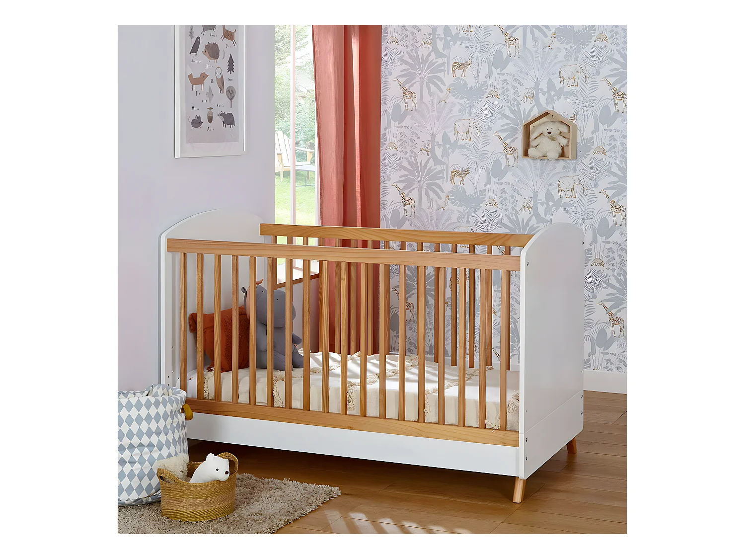 Pack lit bébé évolutif avec matelas 70x140 cm panneaux de fibres blanc et noisette KOMBU