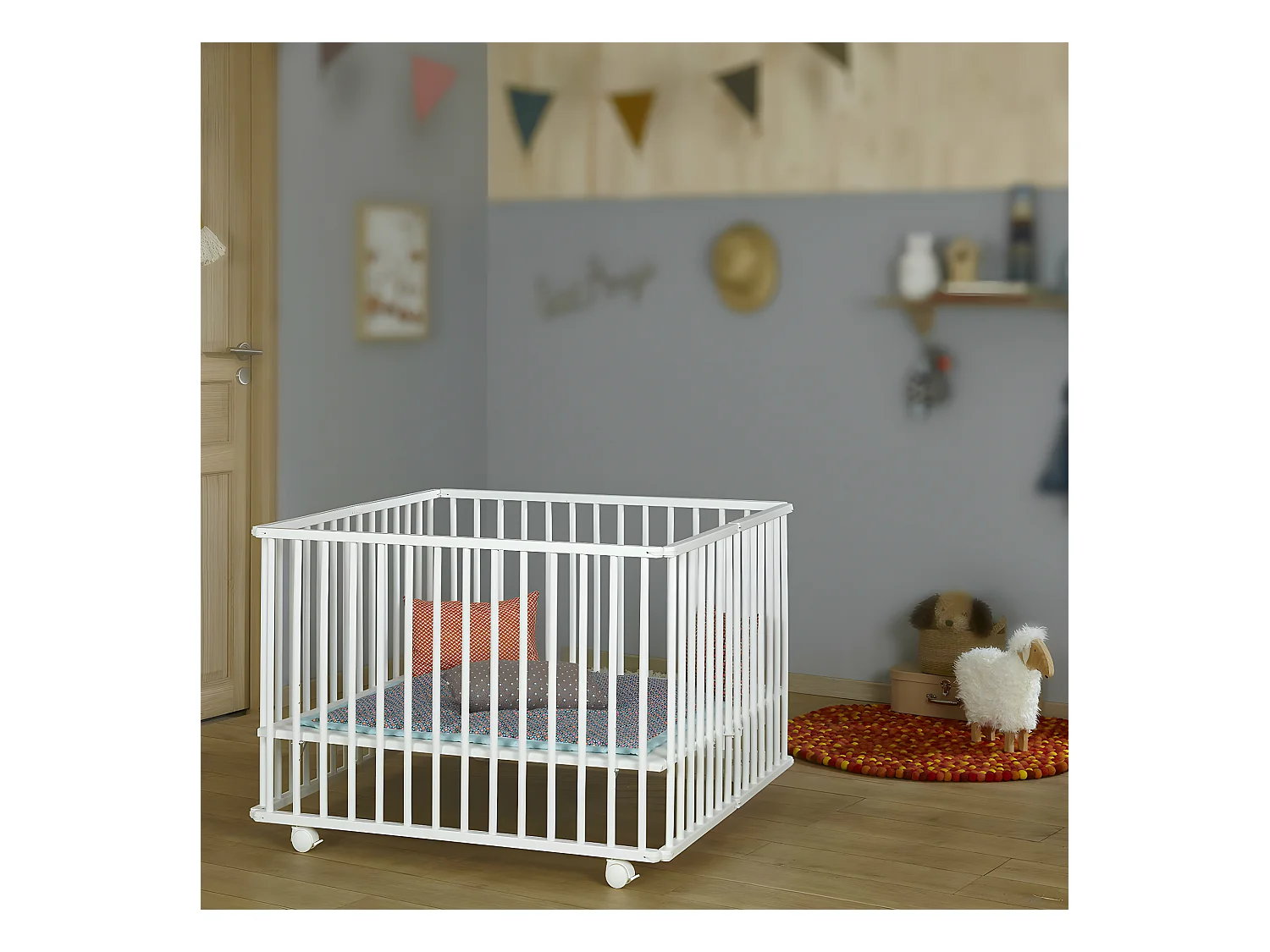 Parc bébé pliant carré 100x100 cm bois massif blanc HELIO