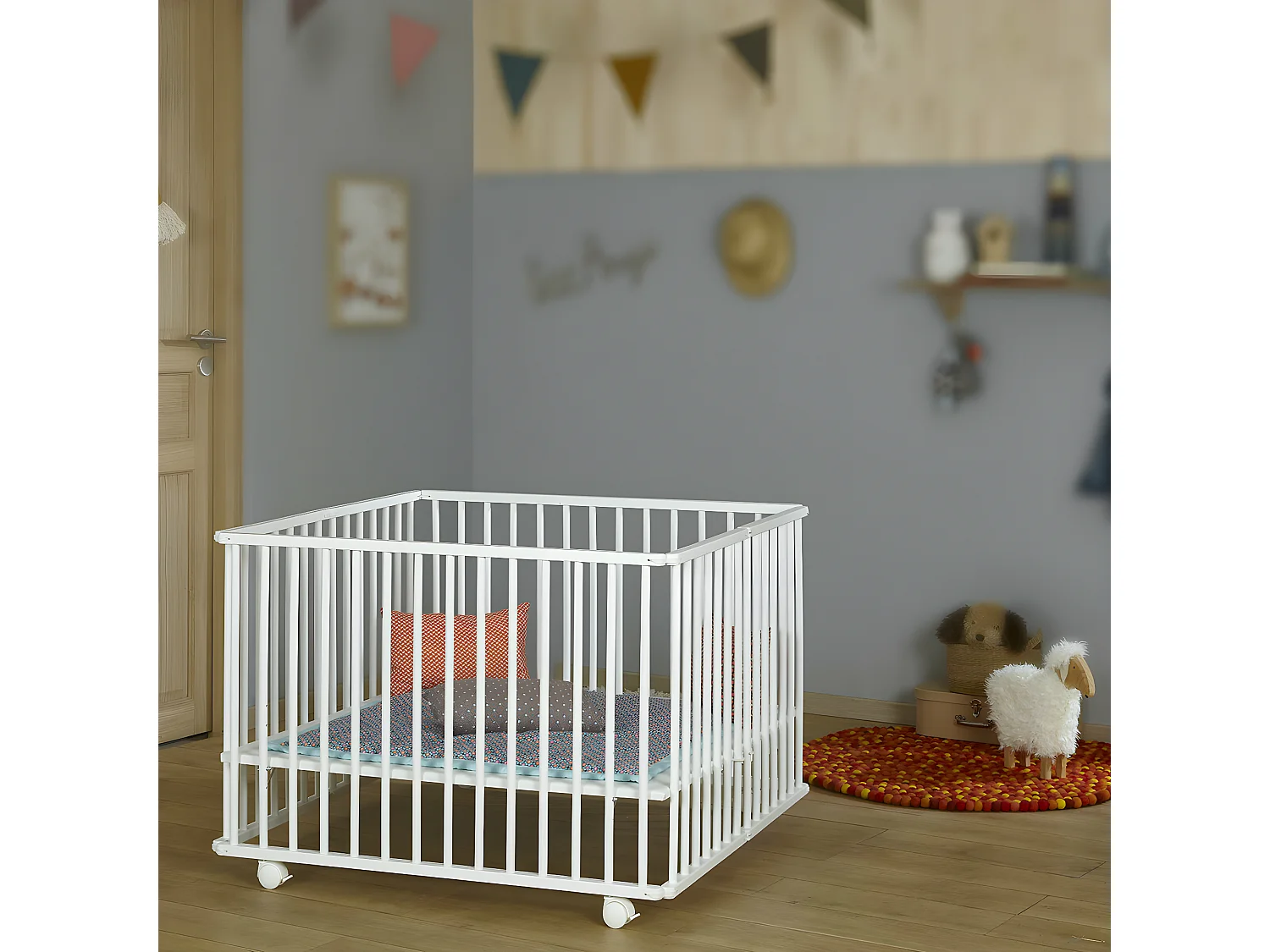 Parc bébé pliant carré 100x100 cm bois massif blanc HELIO