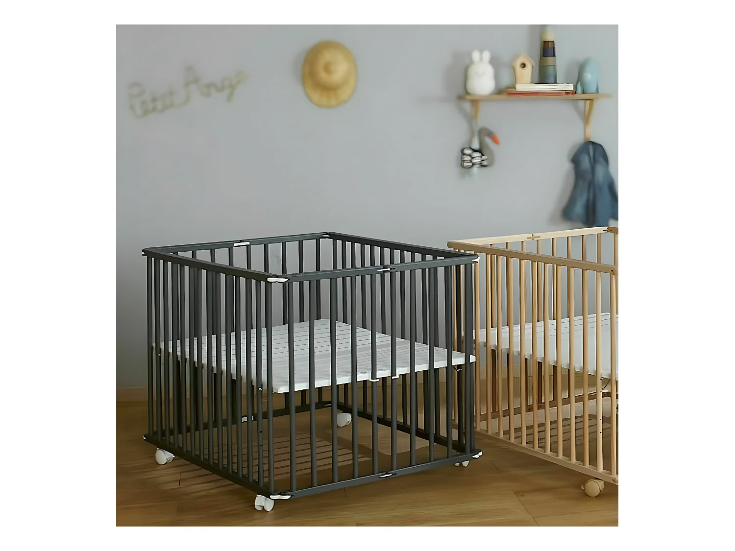 Parc bébé 75x100 cm bois massif gris HELIO