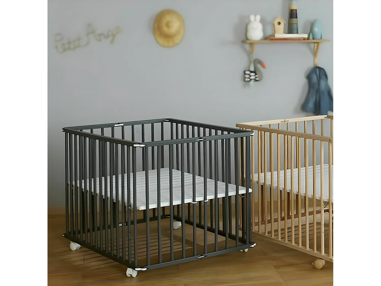 Parc bébé 75x100 cm bois massif gris HELIO