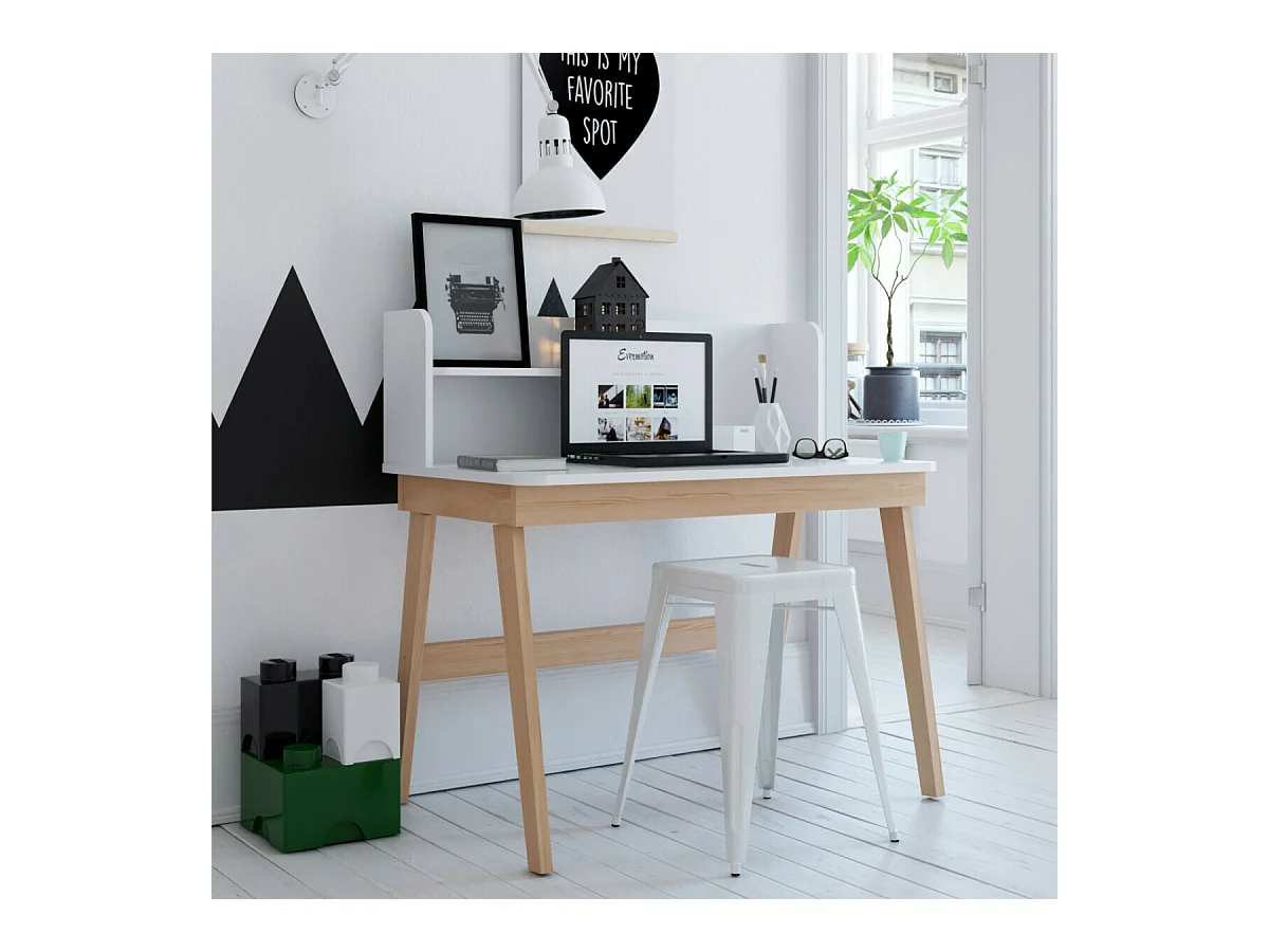 Bureau enfant  bois massif blanc et bois YUKI