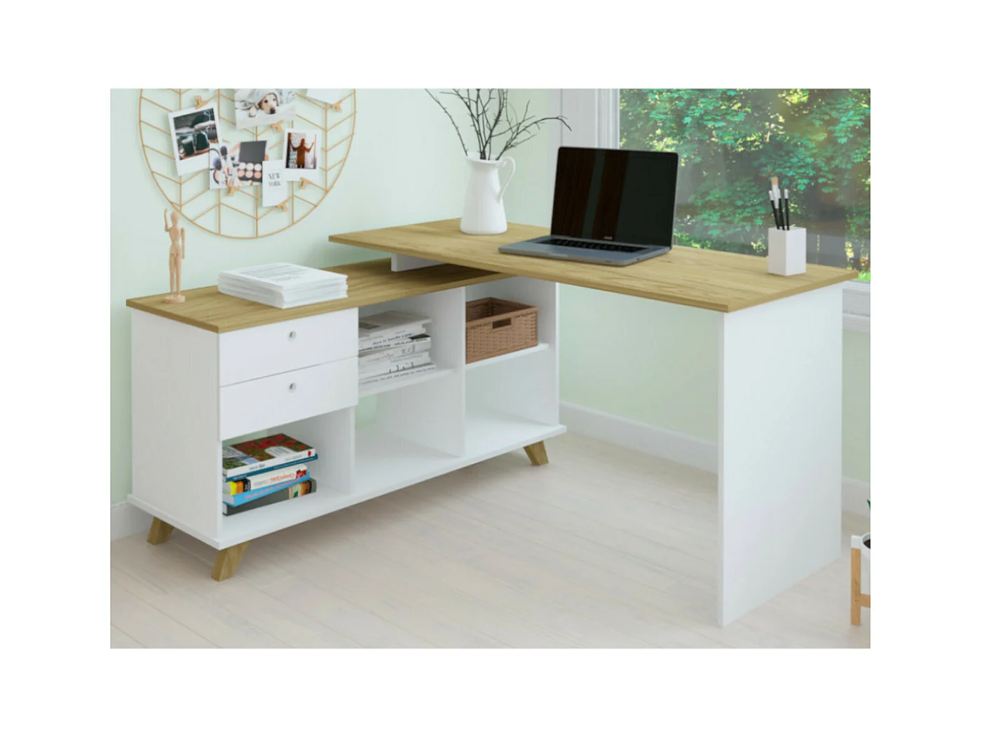 Bureau d'angle avec rangement  panneaux de fibres blanc et bois MARCUS