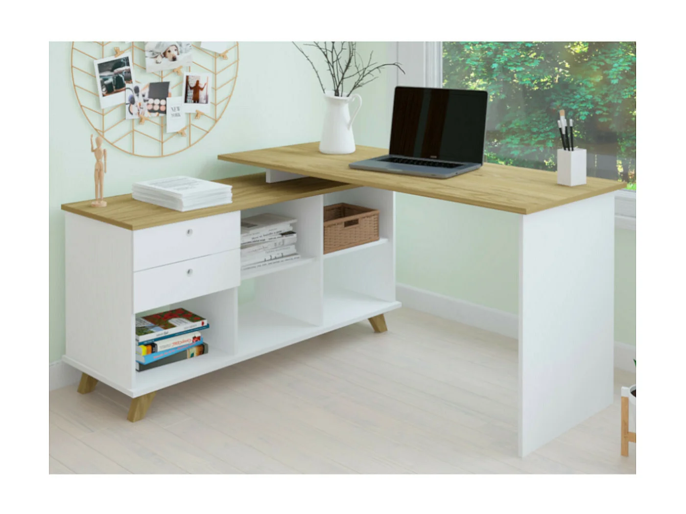 Bureau d'angle avec rangement  panneaux de fibres blanc et bois MARCUS