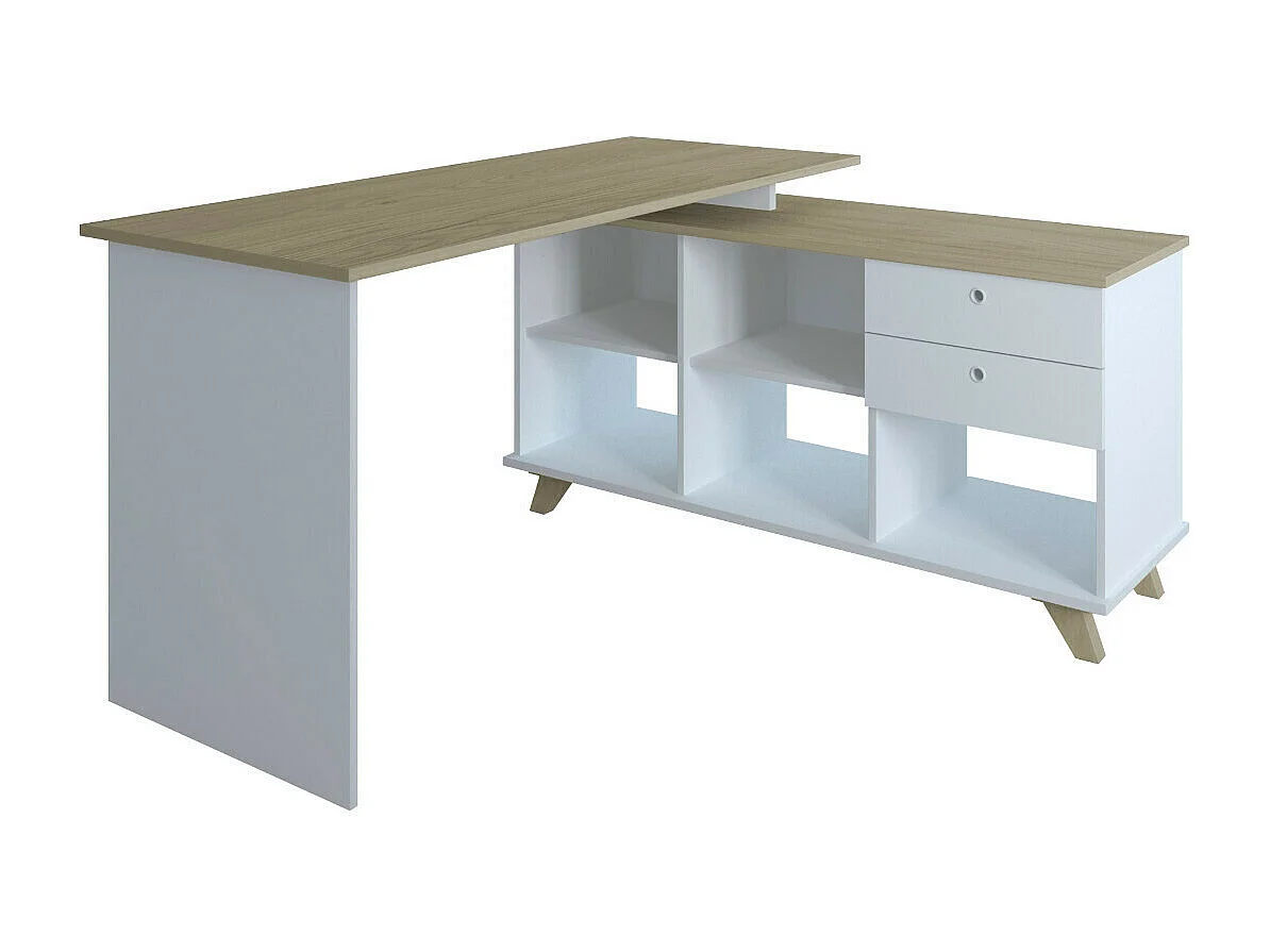 Bureau d'angle avec rangement  panneaux de fibres blanc et bois MARCUS