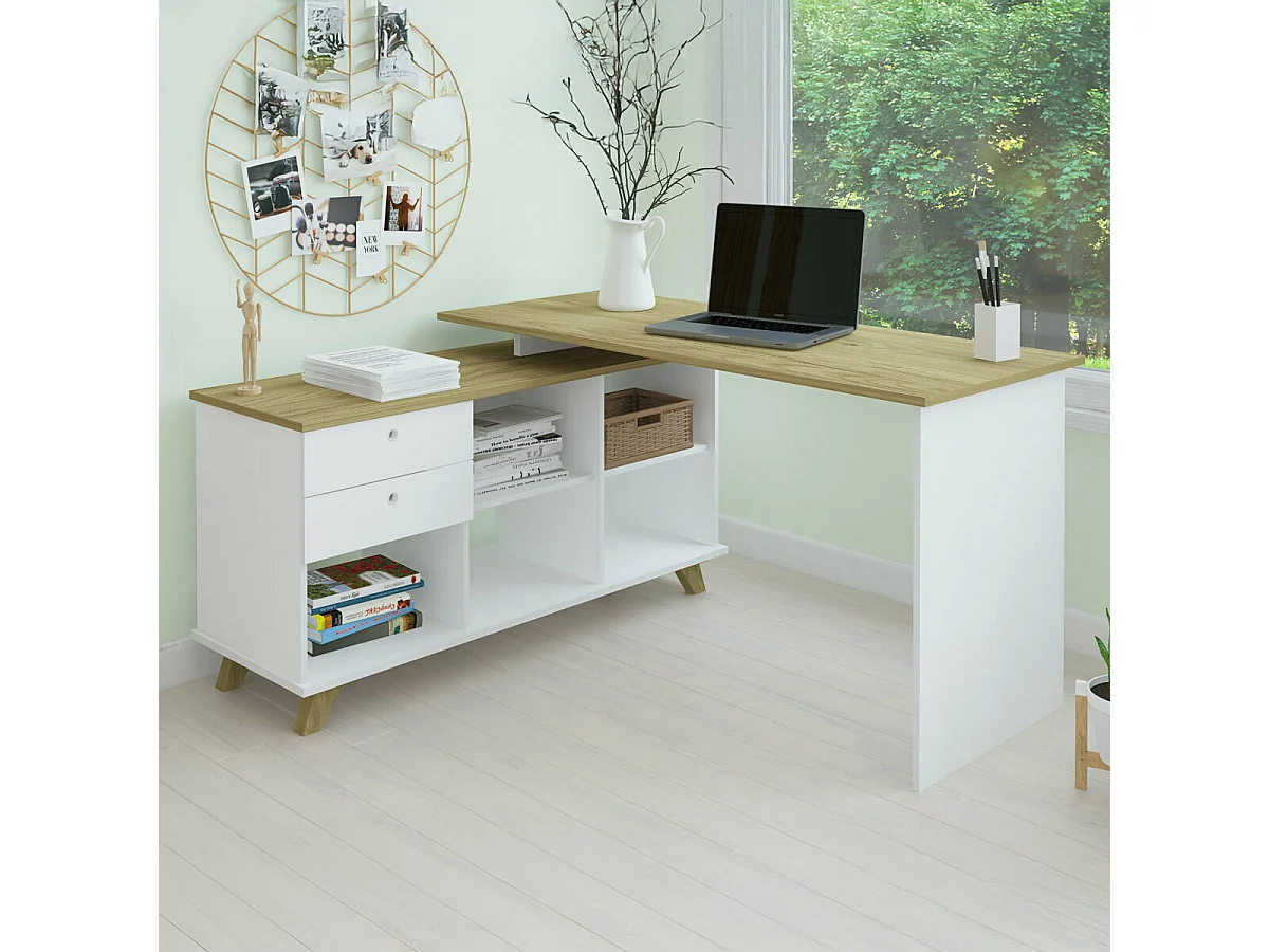 Bureau d'angle avec rangement  panneaux de fibres blanc et bois MARCUS