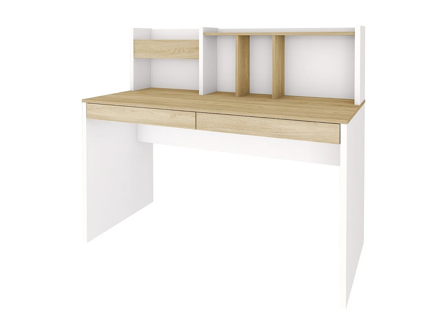 Bureau avec sur-meuble  panneaux de fibres blanc et bois TACCO