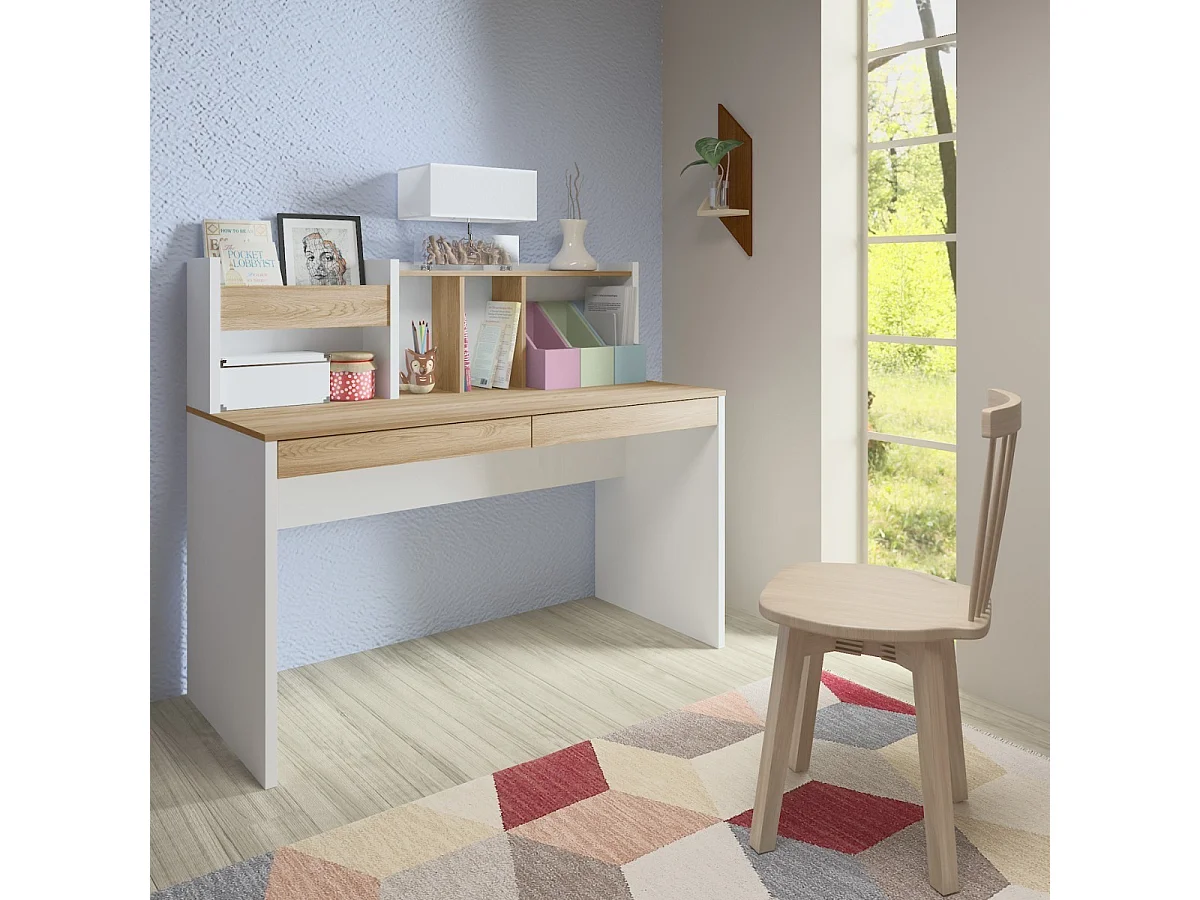 Bureau avec sur-meuble  panneaux de fibres blanc et bois TACCO