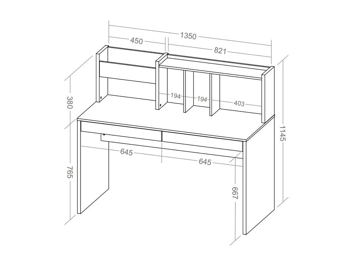 Bureau avec sur-meuble  panneaux de fibres blanc et bois TACCO