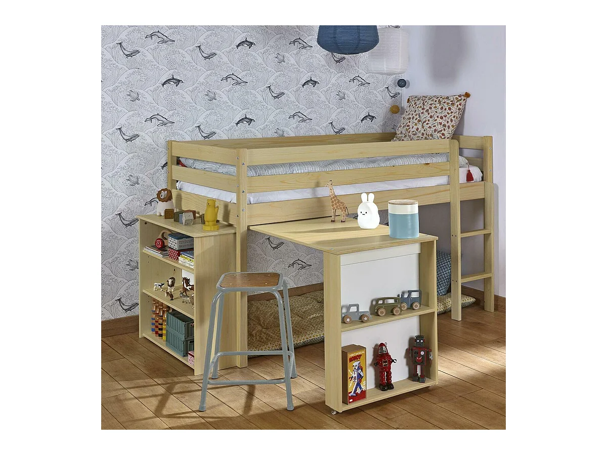 Lit mi-hauteur combiné 90x190 cm bois massif bois DAVON