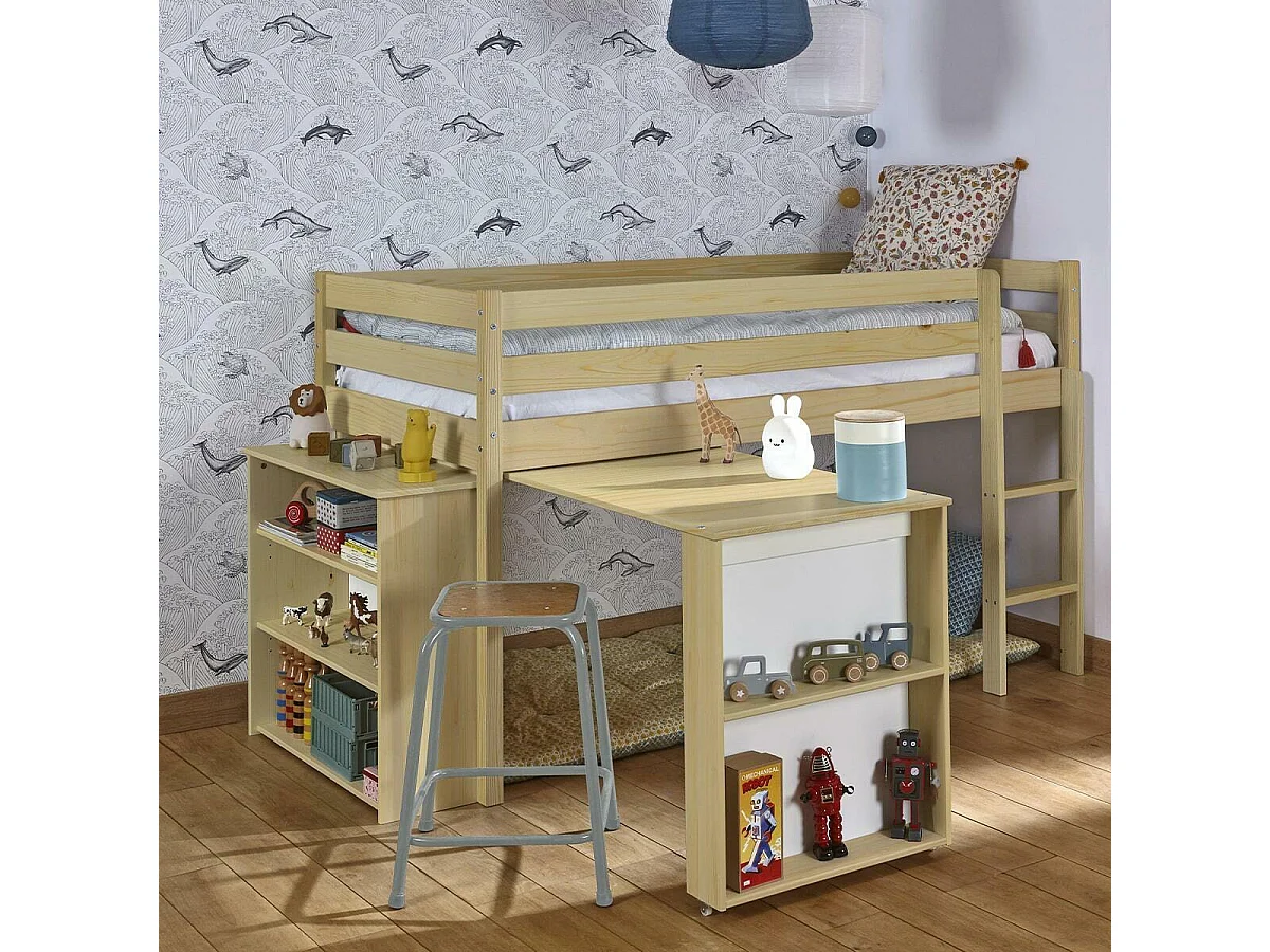 Lit mi-hauteur combiné 90x190 cm bois massif bois DAVON