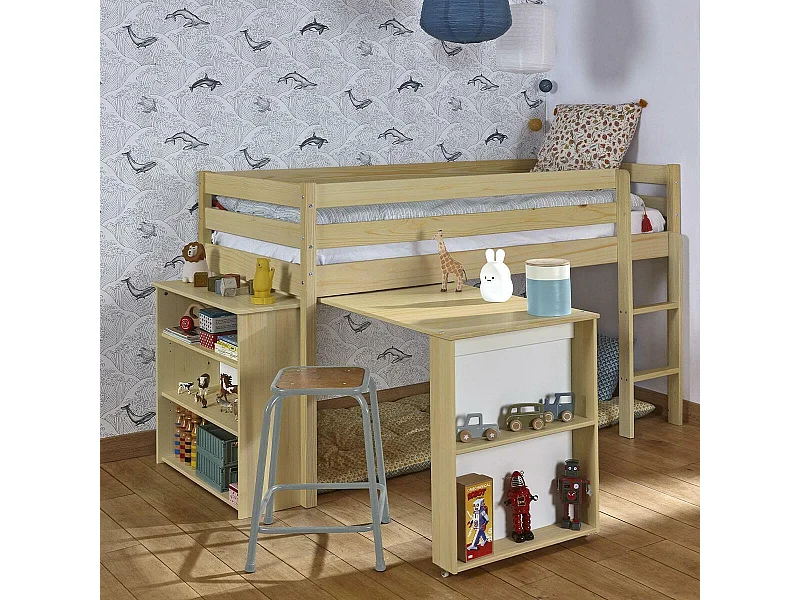 Lit mi-hauteur combiné 90x190 cm bois massif bois DAVON