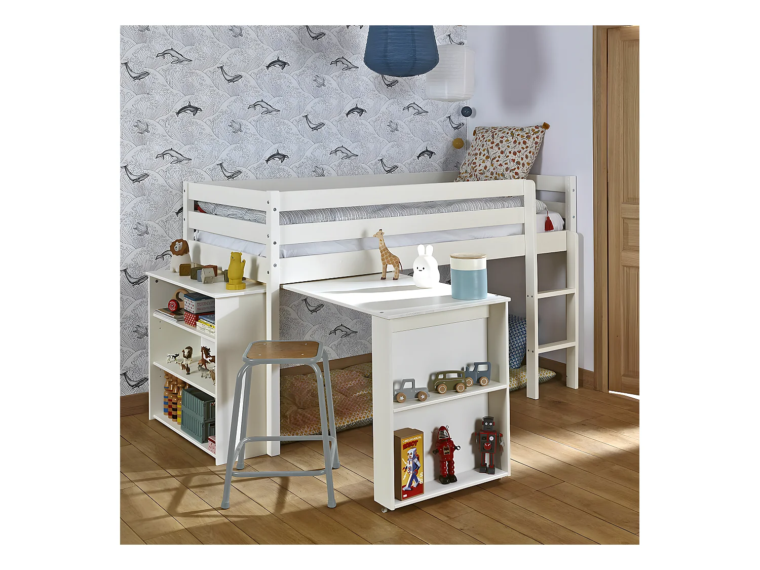 Lit enfant combiné avec matelas 90x190 cm bois massif blanc DAVON